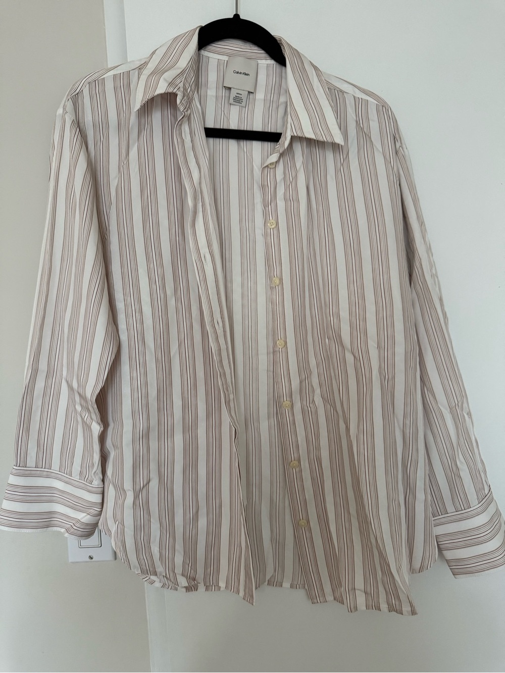 Calvin Klein Cream and Tan Striped Casual Button-Down Shirt